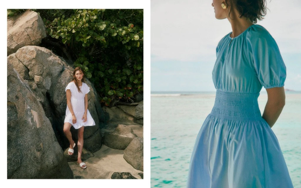 Two outdoor fashion shots: a woman in a white dress poses on rocks near greenery, and a waist shot of a woman in a blue dress by the water.