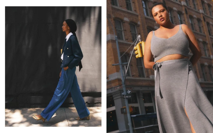 Two models showcase stylish, contemporary clothing on a city street with a traffic signal and architecture in the backdrop.
