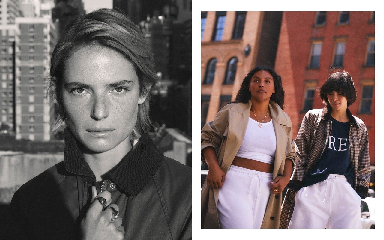 Split screen of two women modeling. Left: Black and white portrait. Right: Two women walking in the city in neutral tones.