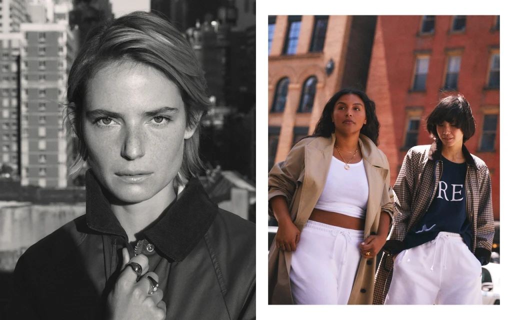 Split screen of two women modeling. Left: Black and white portrait. Right: Two women walking in the city in neutral tones.