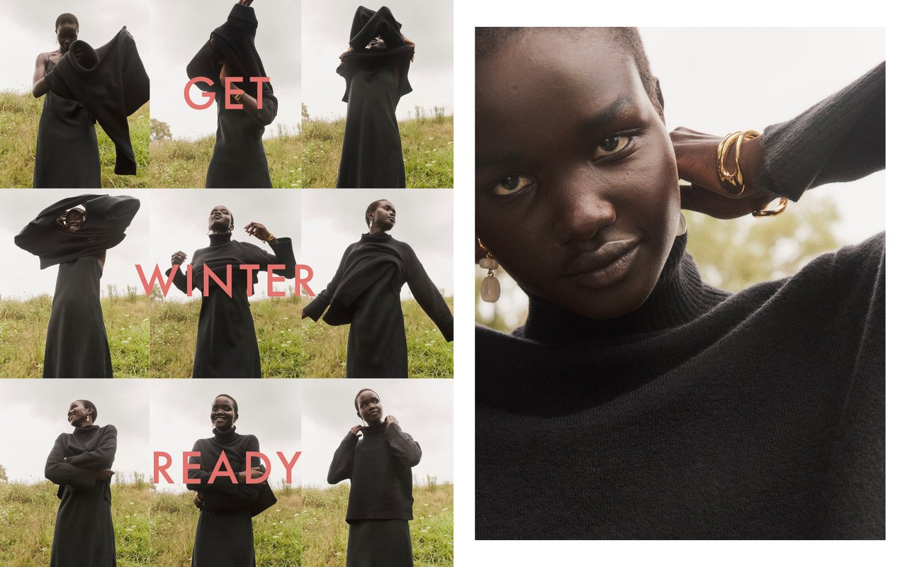 Collage of fashion editorial portraits featuring a Black woman in a black turtleneck dress outdoors in a grassy meadow.