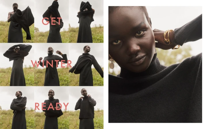 Collage of fashion editorial portraits featuring a Black woman in a black turtleneck dress outdoors in a grassy meadow.