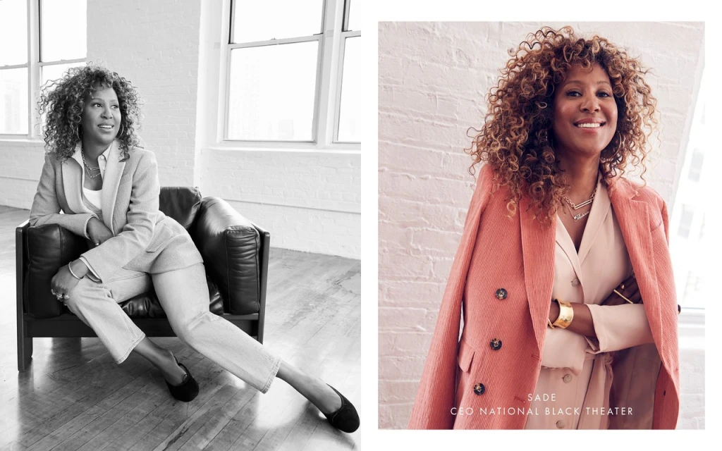 Two images of Sade, CEO National Black Theater. One is a black and white full shot seated, the other a color shot of her upper body.