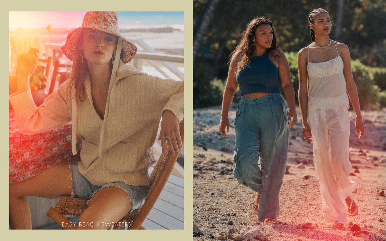 Two scenes: Woman in hat on beachfront chair, wearing knitted sweater. Two women walking on beach in pants and tops, neutral light.