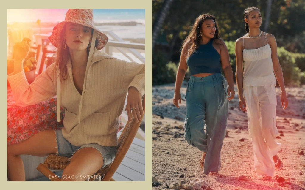 Two scenes: Woman in hat on beachfront chair, wearing knitted sweater. Two women walking on beach in pants and tops, neutral light.