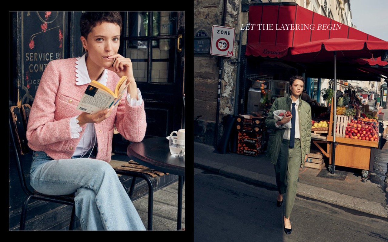 Two fashion shots: woman reading in pink jacket with city background; woman in green jacket and pants walking by outdoor market.