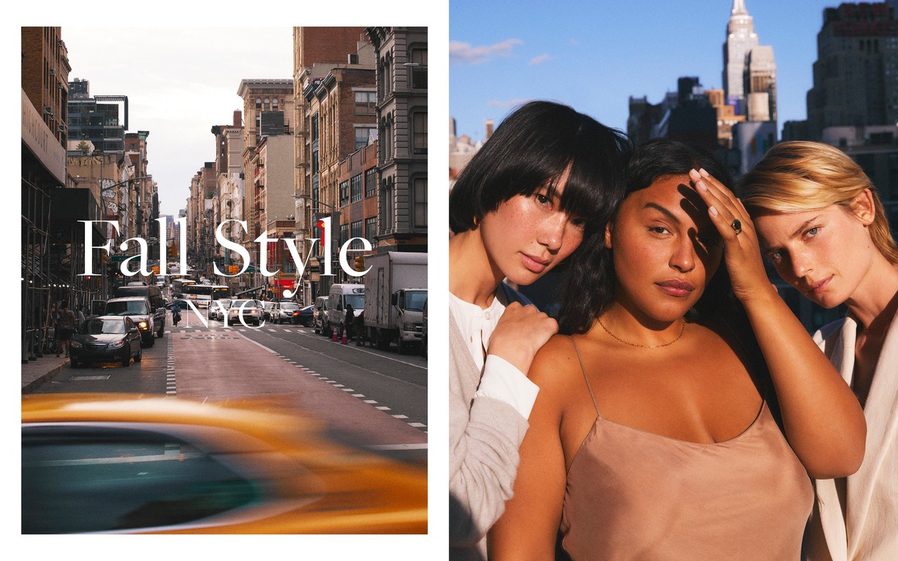 Fall fashion in NYC featuring three women models posing against a city skyline, with blurred taxi cabs on a city street.
