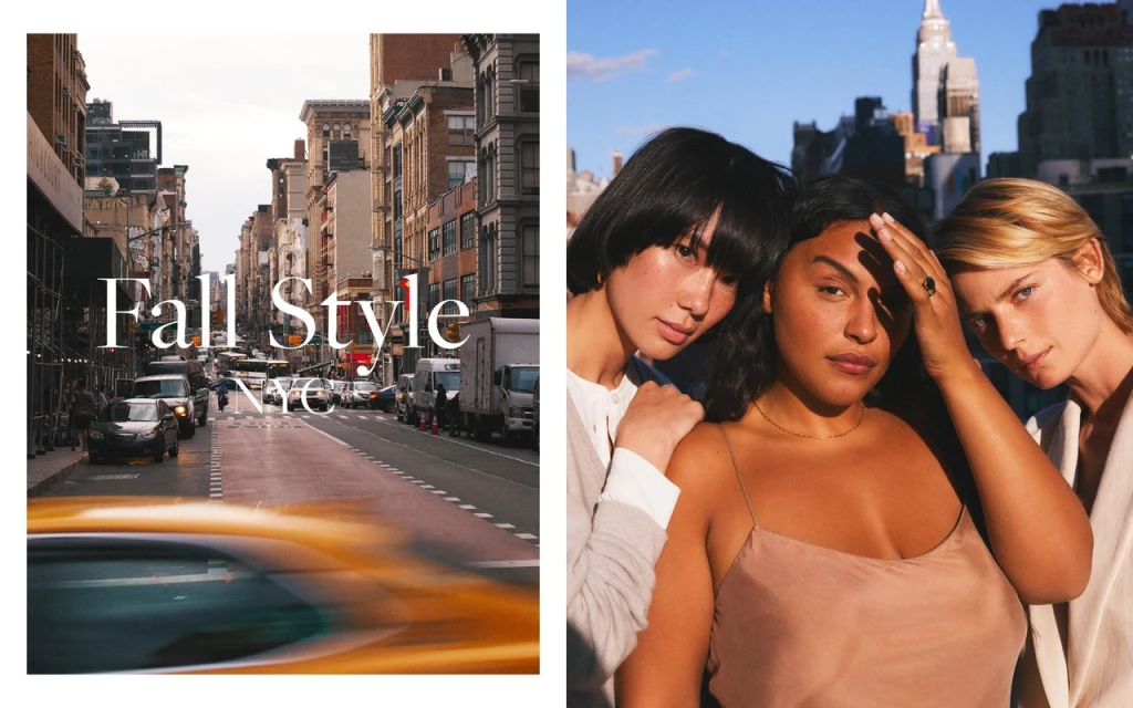 Fall fashion in NYC featuring three women models posing against a city skyline, with blurred taxi cabs on a city street.