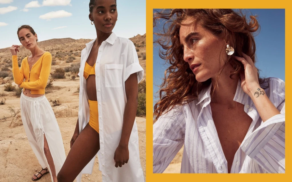 Fashion shot featuring three women in desert: one in yellow top and white skirt, another in white top and yellow bathing suit, close up. 