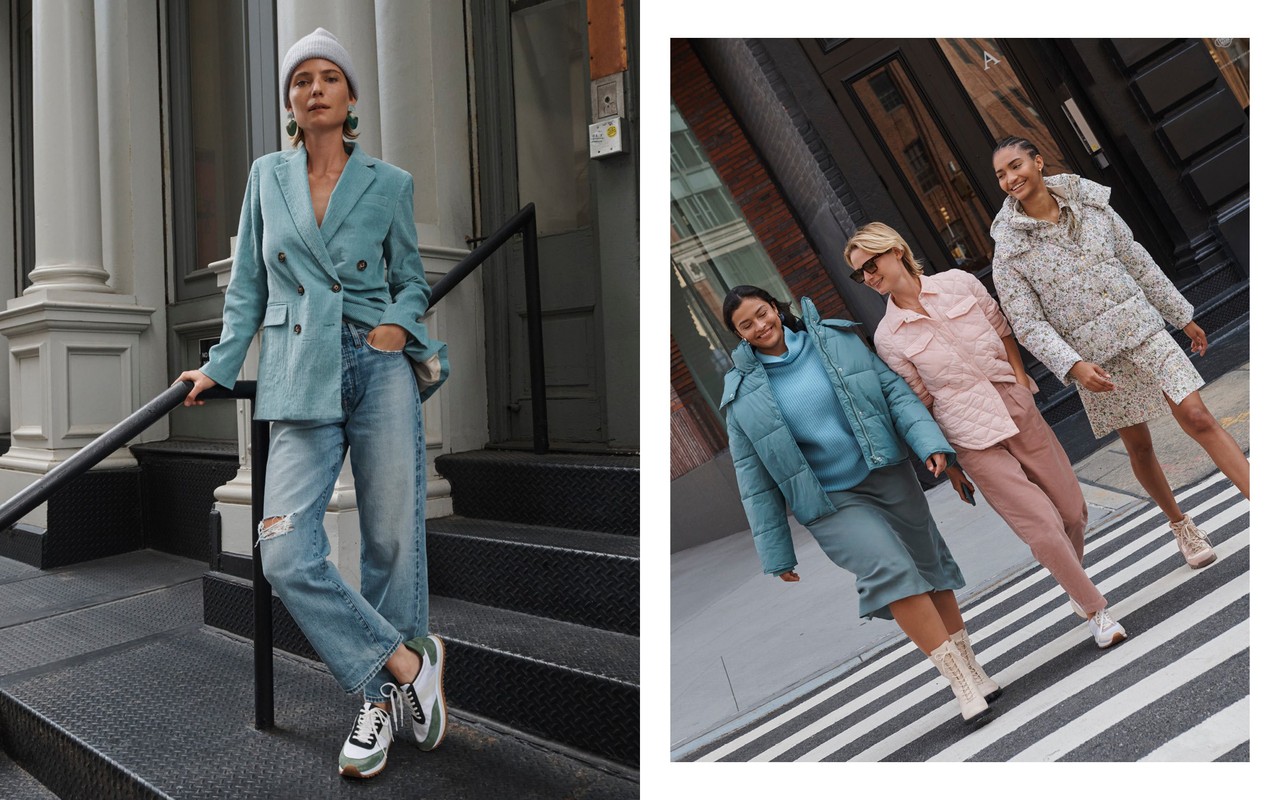Two split images show fashionable women in casual and semi-formal jackets, blazers, jeans, skirts, and sneakers in an urban setting.