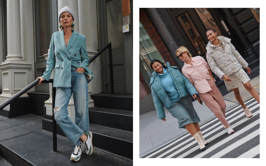 Two split images show fashionable women in casual and semi-formal jackets, blazers, jeans, skirts, and sneakers in an urban setting.