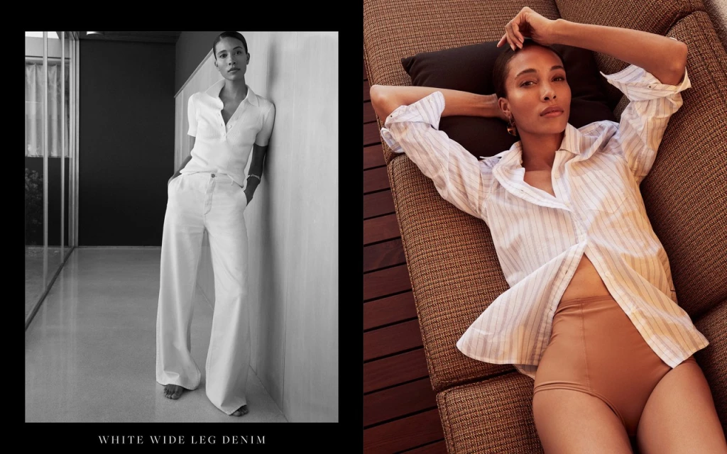 Two-part fashion editorial featuring an adult female model in white wide-leg denim pants and a shirt, plus lounging in a striped shirt on a woven lounger.