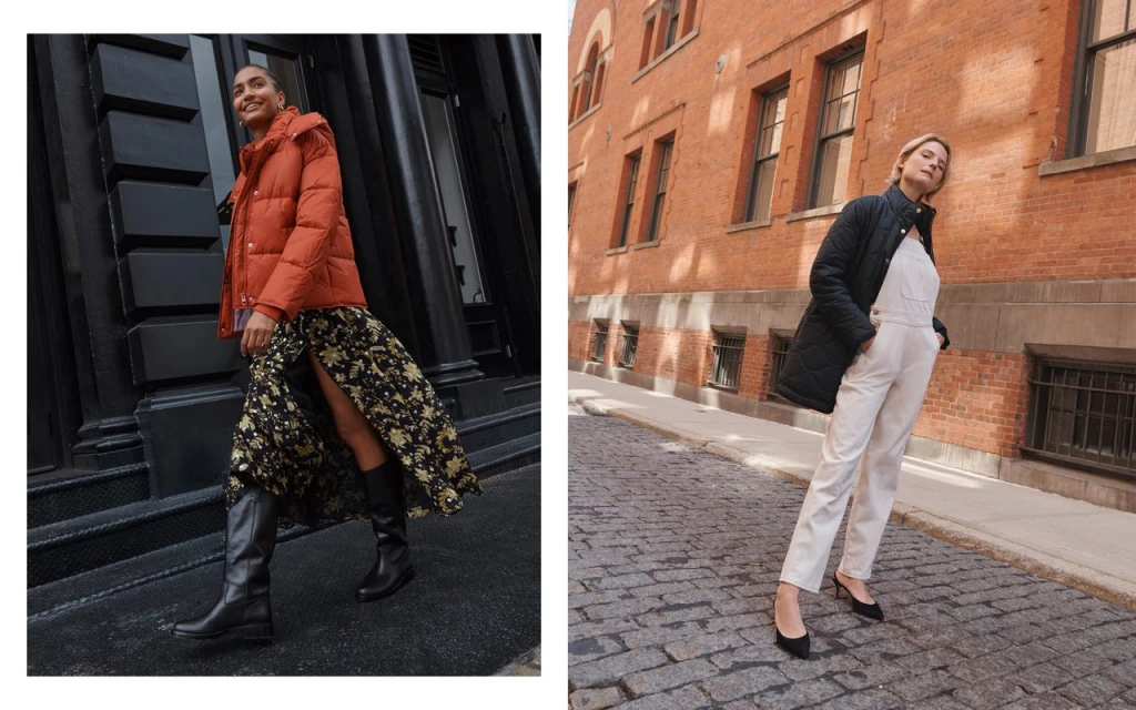 Two women model fall fashion on urban streets: one in a puffer jacket and dress, the other in a quilted coat and overalls.