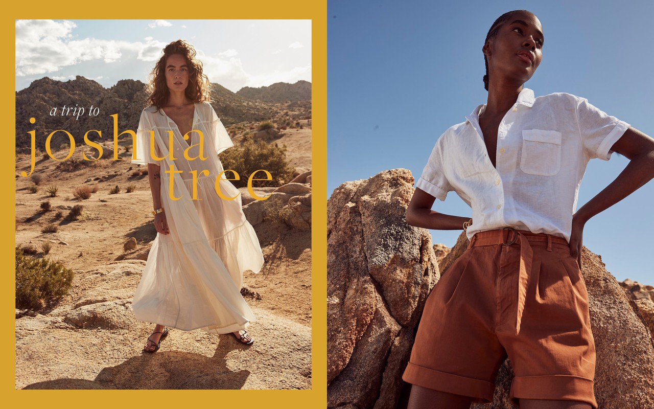 Two women in outdoor fashion editorial. One wears a dress in the desert and the other wears shorts on a rocky outcrop.