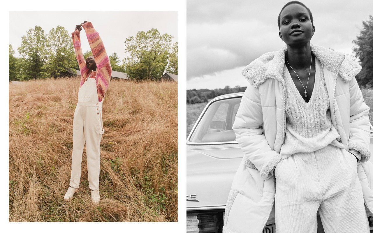 Two portrait photos showing a smiling African woman in a field, and a black and white studio shot of a woman wearing outerwear.
