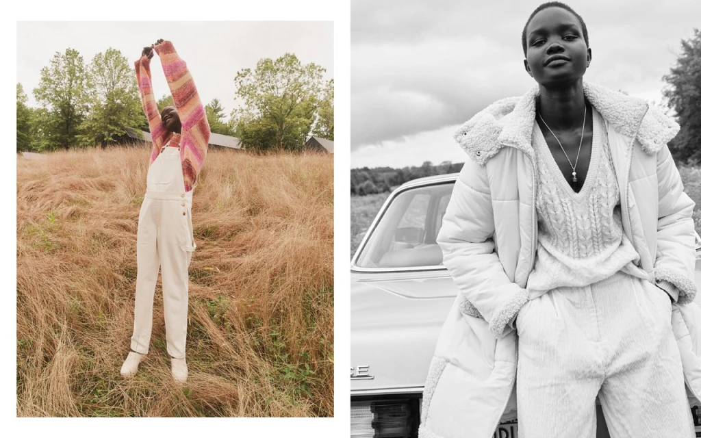 Two portrait photos showing a smiling African woman in a field, and a black and white studio shot of a woman wearing outerwear.