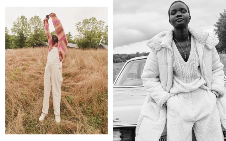 Two portrait photos showing a smiling African woman in a field, and a black and white studio shot of a woman wearing outerwear.