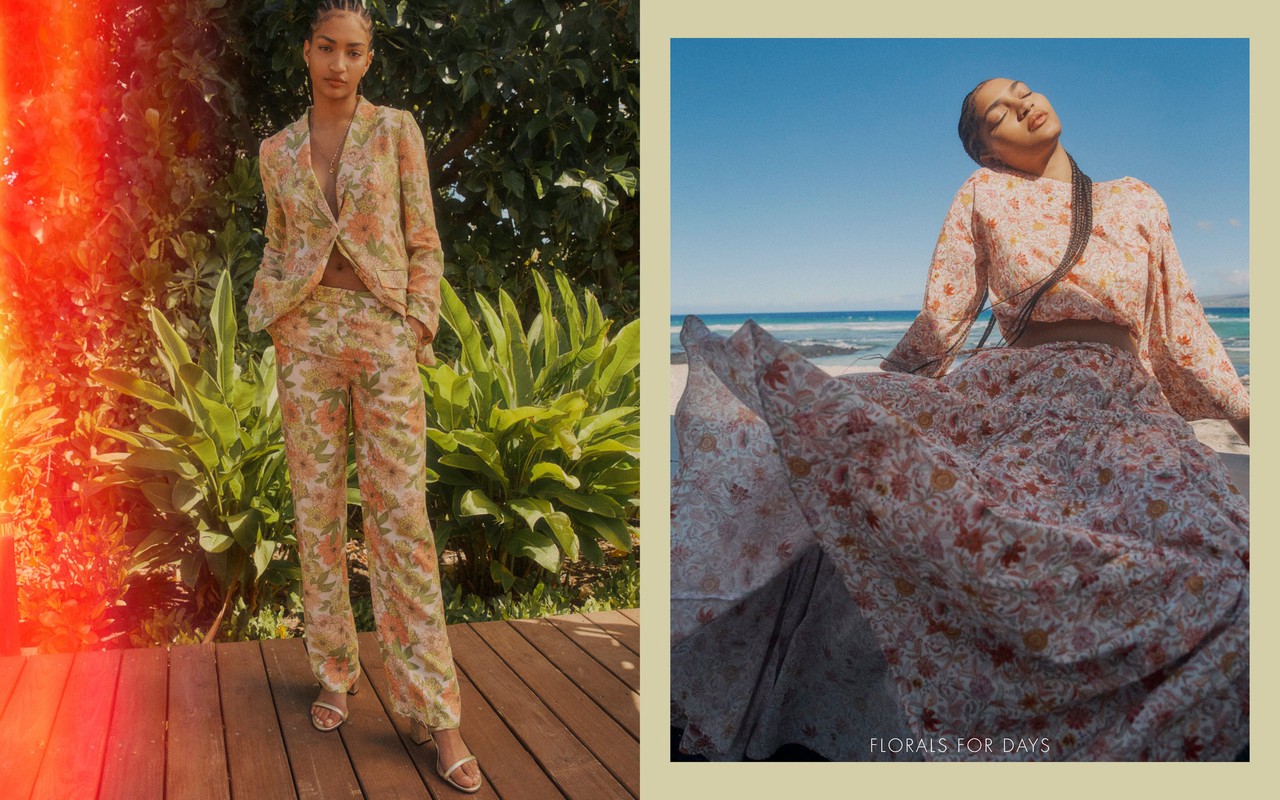 Two images showing a woman wearing a floral print suit on a wooden deck and floral skirt with the beach in the background.