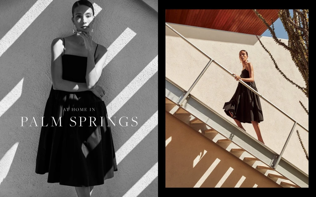 Elegant adult woman in black dress poses in natural light near building in Palm Springs, showcasing fashion and architecture.
