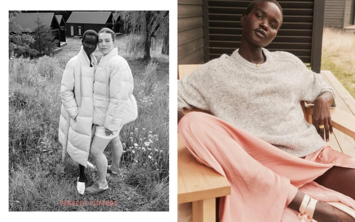 Two models pose outdoors in a black and white shot, wearing a large white puffer coat. Another model sits in a chair wearing loungewear.