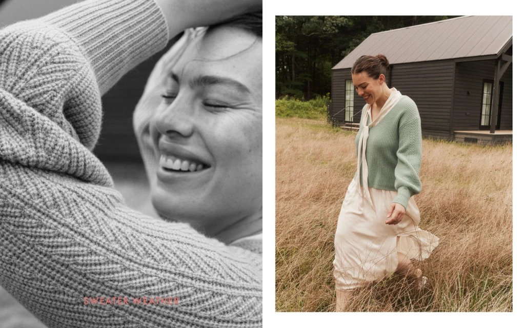 Split-screen: Close-up of a smiling woman in a grey sweater and a woman in a green cardigan in a rural landscape.