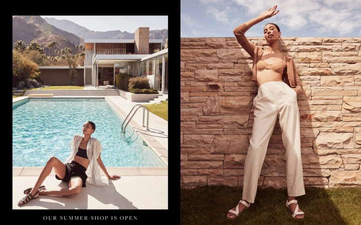 Two panel fashion image with a model by a pool and another standing against a stone wall under bright sun.