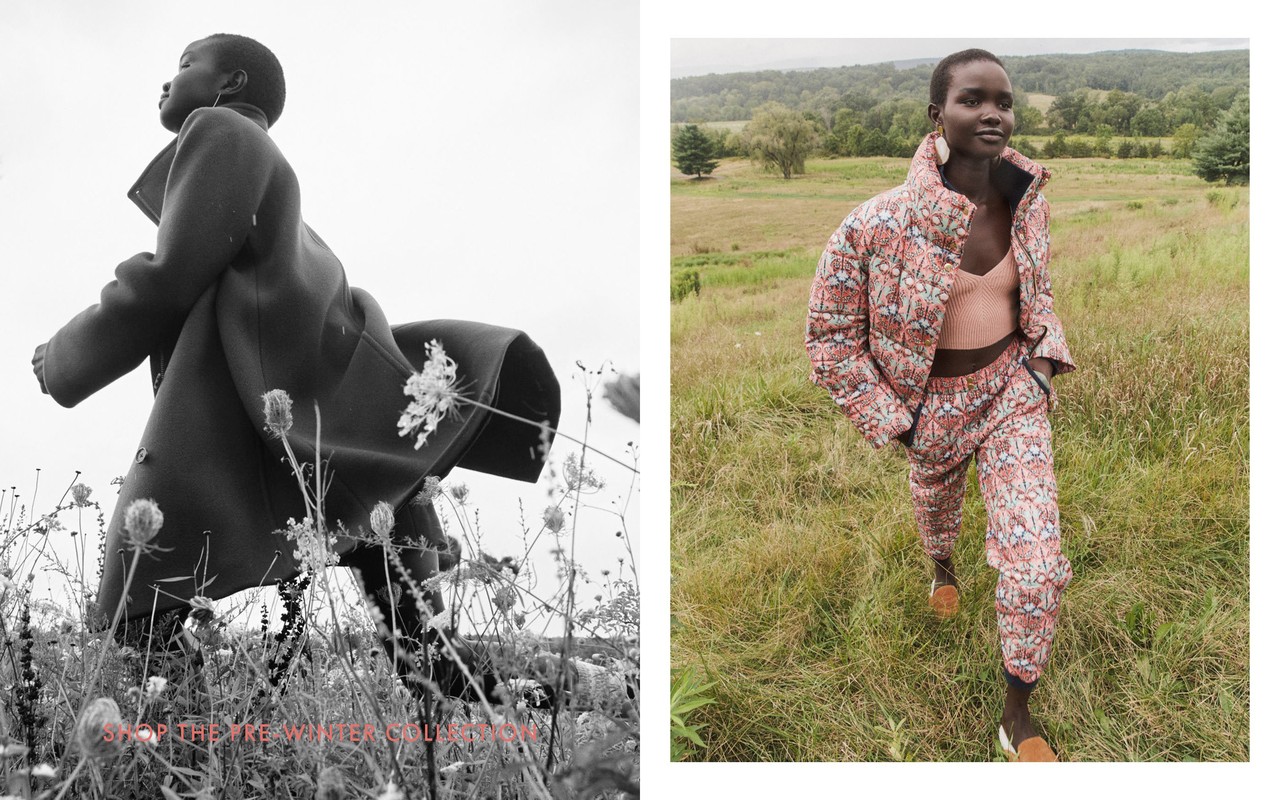 Outdoor fashion shoot: woman in patterned outerwear standing in field. Black and white photo features woman in coat walking through grass.