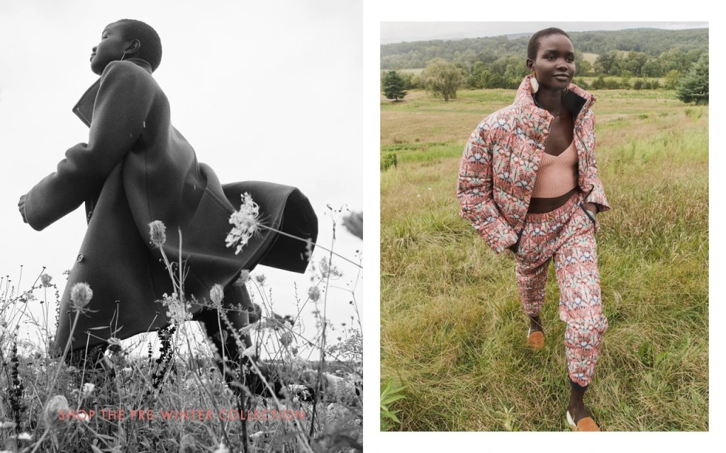 Outdoor fashion shoot: woman in patterned outerwear standing in field. Black and white photo features woman in coat walking through grass.