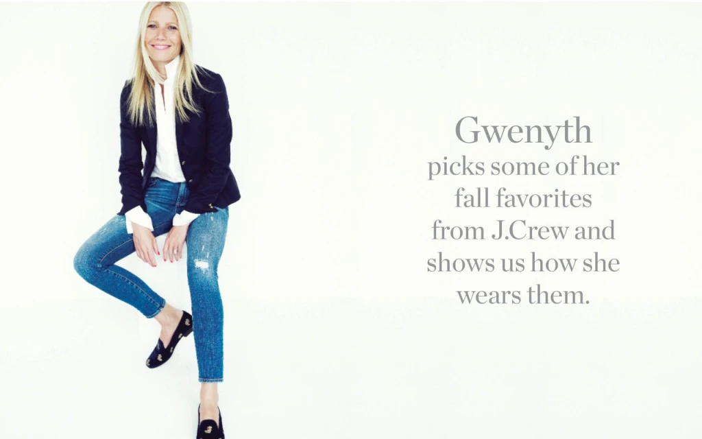 Blonde woman in jeans and blazer sits in a bright photo studio, fashion portrait, J.Crew brand, celebrity endorsement, studio lighting.