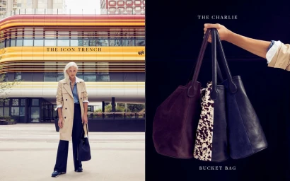 Diptych image showing an older woman in a trench coat on the left and a hand holding three leather bucket bags on the right.