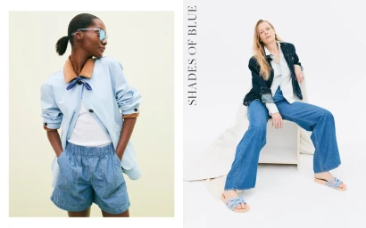Two fashion models wearing blue denim and light blue jackets against a plain white background with typography text