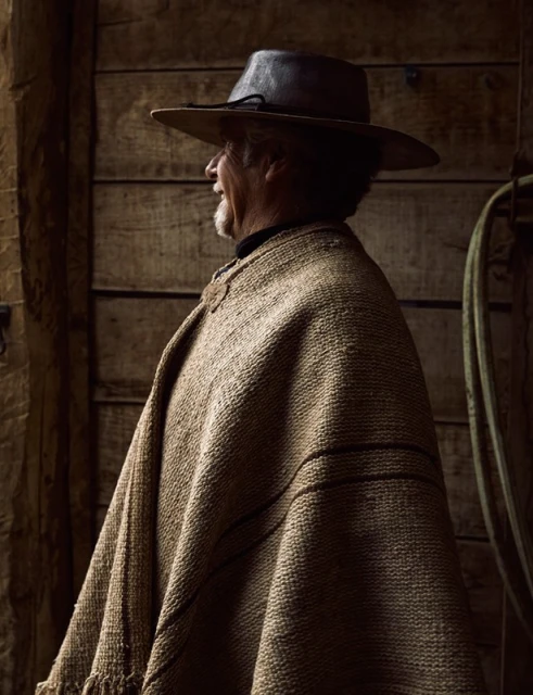 Profile shot of an elderly man wearing a poncho and hat, standing against a wooden wall with neutral tones and soft, diffused lighting.