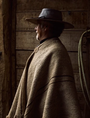 Profile shot of an elderly man wearing a poncho and hat, standing against a wooden wall with neutral tones and soft, diffused lighting.