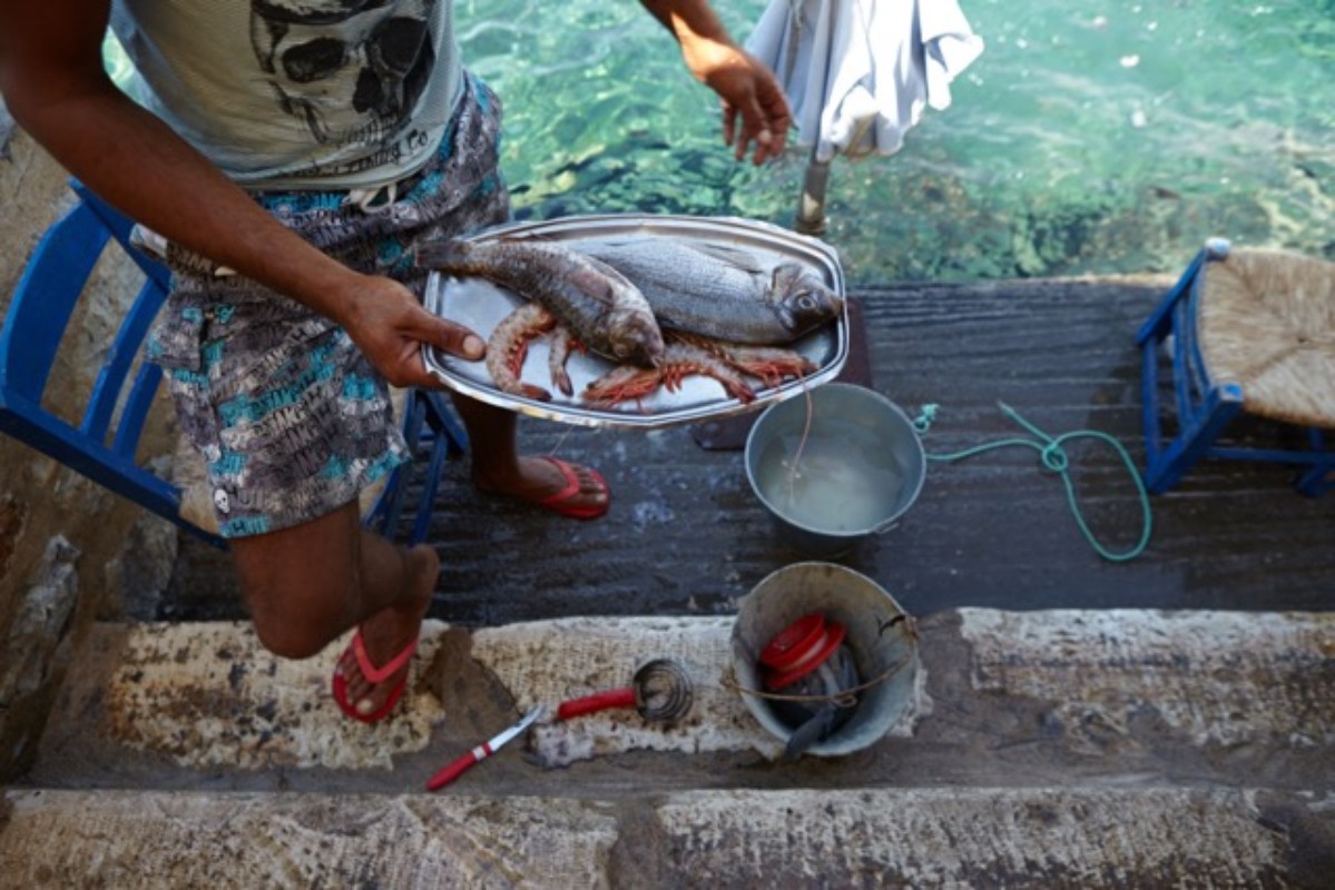 Man in patterned shorts holds silver tray with fish and shrimp, with turquoise water and outdoor setting. Seafood presentation and preparation.