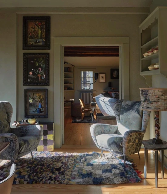 Cozy living room interior with patterned armchairs, a colorful rug, and artwork, bathed in soft natural light, creating a warm, inviting space.