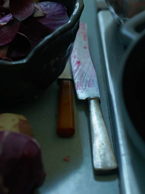 Overhead shot of a bloody knife and a bowl of purple petals sitting on a surface next to a sink basin in a kitchen.