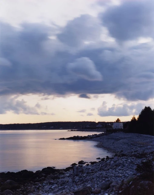 Scenic view of a rocky beach shoreline with calm water, backed by a treeline under a cloudy dusk sky, creating a tranquil landscape.