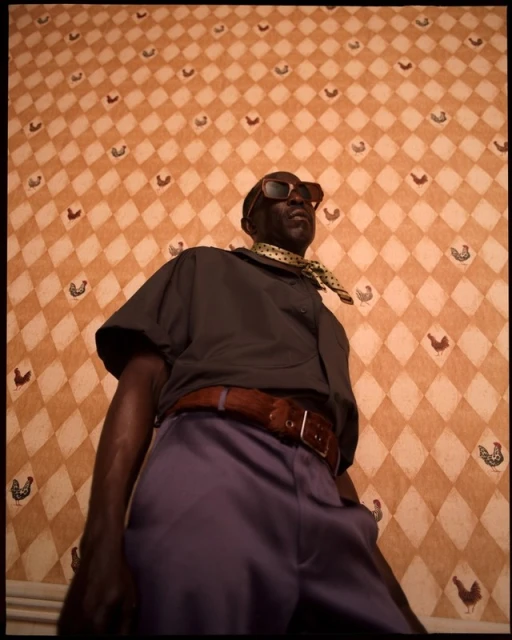 Portrait of a Black man wearing sunglasses, collared shirt, pants, and a neck scarf, standing indoors against a patterned wallpaper.