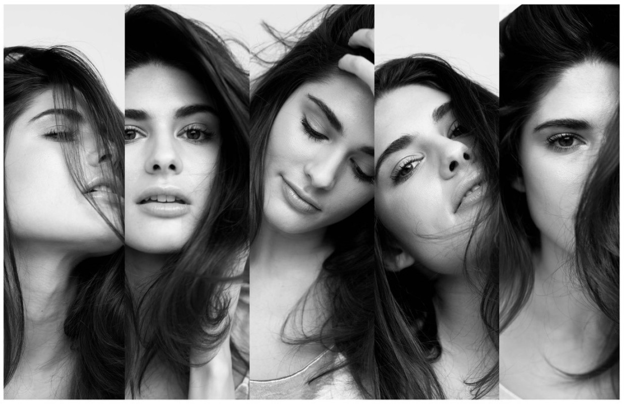 Black and white portrait collage of a brunette woman with long hair, showcasing various close-up facial expressions and angles.