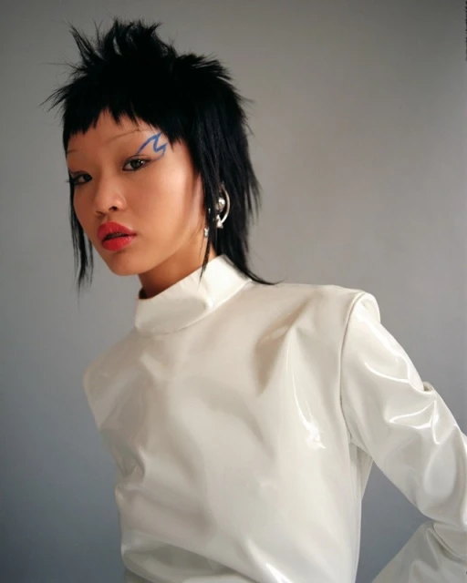 Woman in a white vinyl high-neck top poses against a grey background with bold blue makeup and a mullet hairstyle in a studio setting.