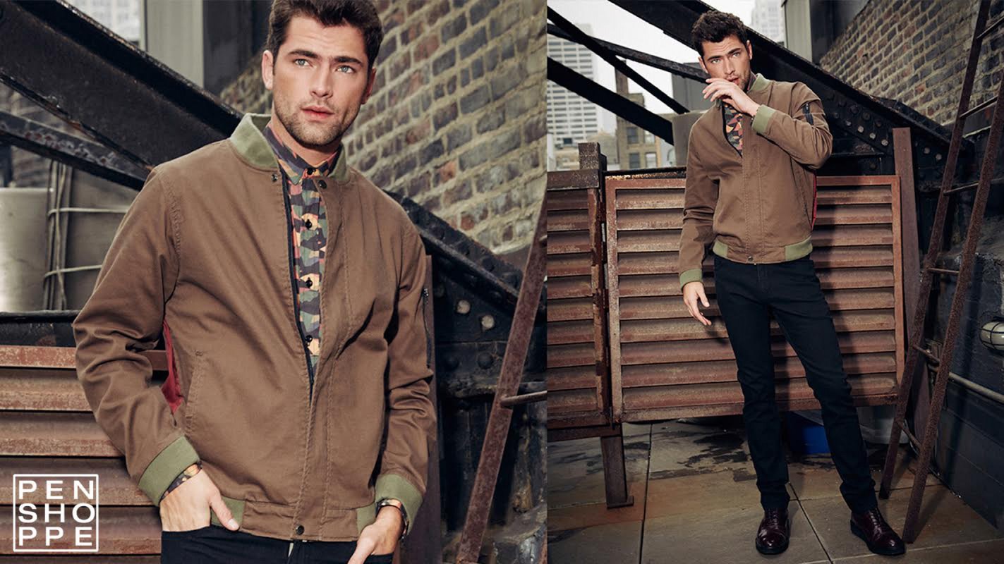 Male fashion model in brown jacket poses against brick wall and metal gate on rooftop with city view in a split-image composition.