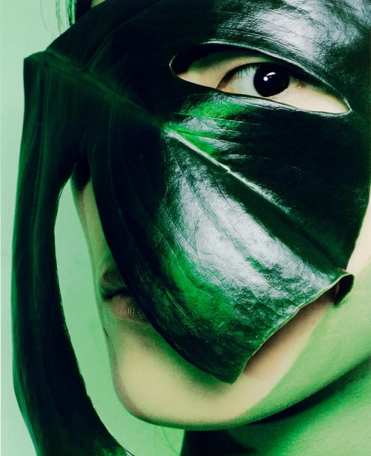 Portrait of a person with a large green leaf covering half the face, focusing on one visible eye against a green backdrop.