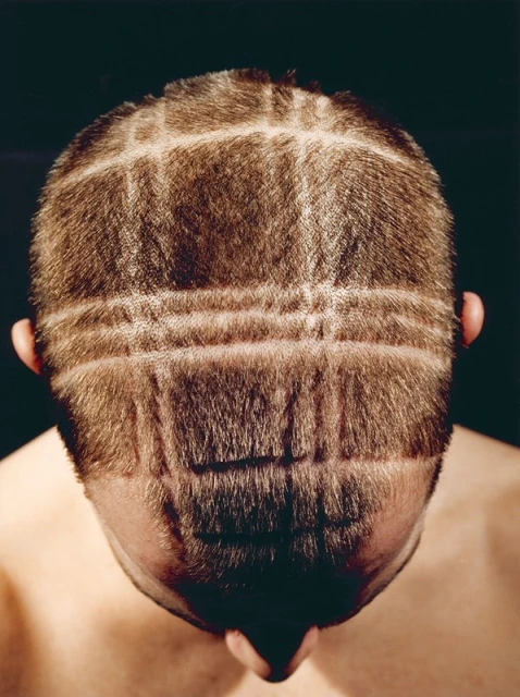 Close-up of the back of a person's head with short brown hair, featuring a unique grid pattern shaved into the hair, against a dark backdrop.