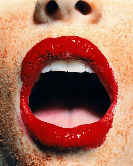 Close-up of a person's open mouth with red lipstick on their lips, white teeth visible, and freckles around the mouth and nose.