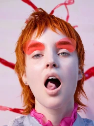 Portrait of a person with orange hair and red eye patches, mouth open with tongue showing, against a pale patterned background