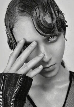 Close-up portrait of a model with wet-styled hair and hand raised across face, wearing a black leather jacket.