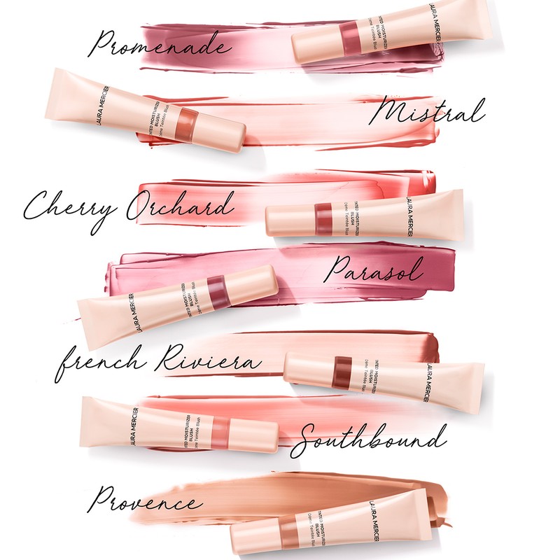 Cosmetic product presentation: Laura Mercier tinted moisturizer blush tubes in assorted shades with brand name and product names displayed.