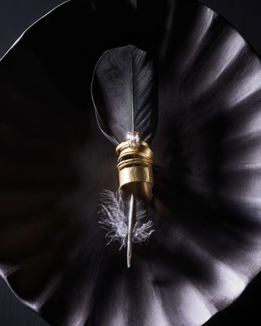 Close-up of gold jewelry rings stacked on a quill with white and black feathers against a dark rippled surface. 