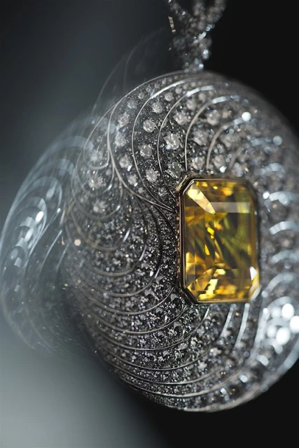 Close-up of an ornate pendant featuring a central yellow gemstone surrounded by decorative metalwork and sparkling diamonds.