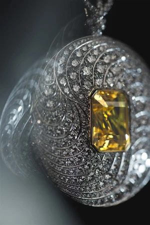 Close-up of an ornate pendant featuring a central yellow gemstone surrounded by decorative metalwork and sparkling diamonds.
